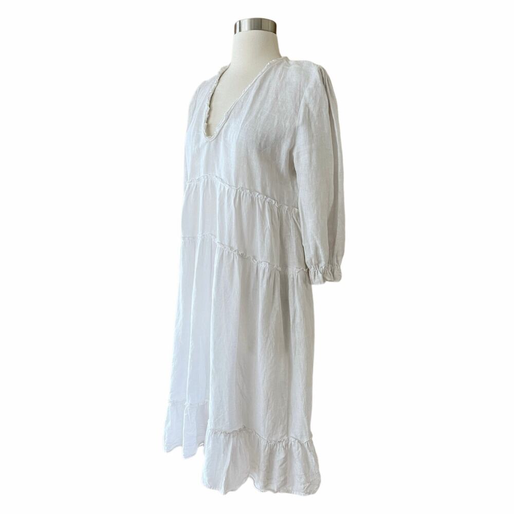 CLAUDE TULUM Natural Dress Tiered Cotton V-Neck Flounce 3/4 Sleeves White Medium - Picture 6 of 15